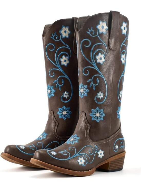 Shoes - Women's Brown Faux Leather Mid Calf Western Cowgirl Snip Toe Chunky Heel Boots